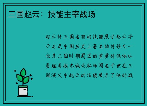 三国赵云：技能主宰战场
